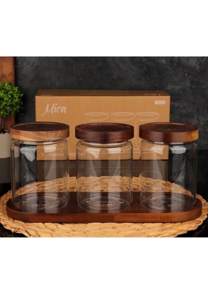 3'lü Vakumlu Akasya Kapaklı Cam Baharatlık Seti