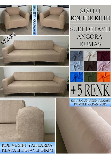 Süet Detaylı Angora Kumaş 3+3+1+1 Komple Giydirme Kanepe&çekyat, Bohem, Porto, Vb. Model Koltuk Kılıfı