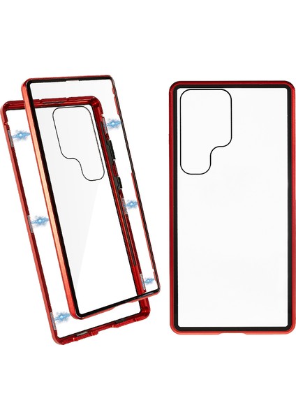 Samsung Galaxy S24 Ultra Kılıf Manyetik Temperli Cam Çift Taraflı Telefon Kapağı-Kırmızı (Yurt Dışından)