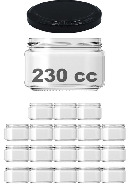 230 ml Siyah Metal Kapaklı Şeffaf Cam Kavanoz 18'li Set