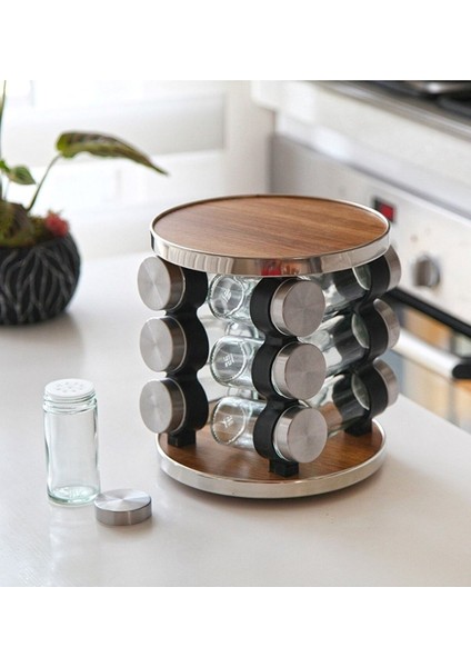 12'li Döner Standlı Cam Baharatlık Seti, Şık ve Kullanışlı Mutfak Aksesuarı
