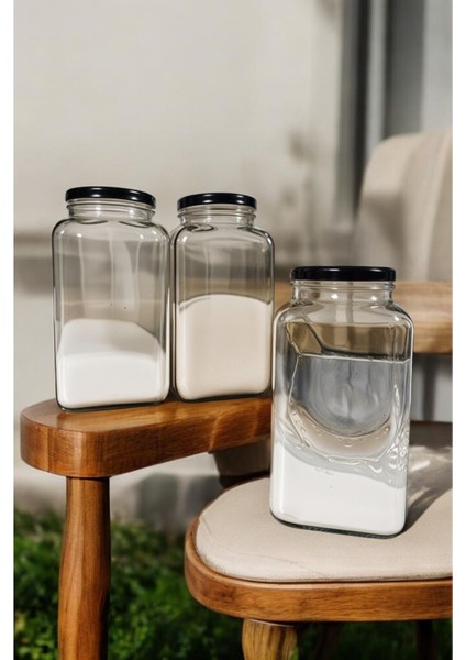 3'lü Cam Mutfak Düzenleyici Seti, 3000CC, Siyah Kapak, Dekoratif ve Pratik Kullanım