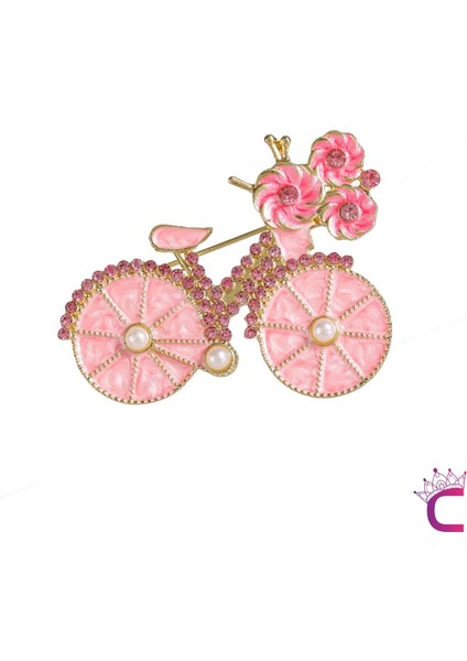 Pembe Çiçekli Kristal Taşlı Incili Bisiklet Tasarım Broş - Hediyelik Tatil Elbise Yaka Iğnesi Broşu