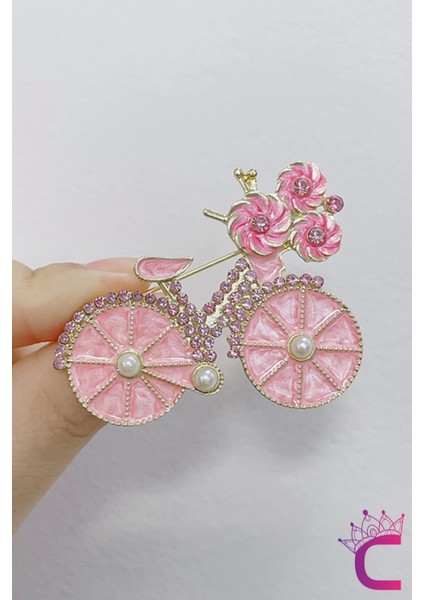 Pembe Çiçekli Kristal Taşlı Incili Bisiklet Tasarım Broş - Hediyelik Tatil Elbise Yaka Iğnesi Broşu fiyatları