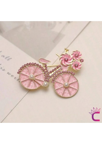 Pembe Çiçekli Kristal Taşlı Incili Bisiklet Tasarım Broş - Hediyelik Tatil Elbise Yaka Iğnesi Broşu modelleri