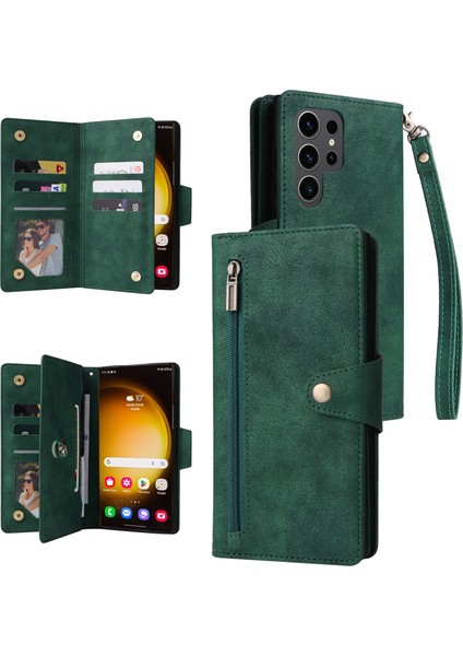 Samsung Galaxy S24 Ultra Kılıf Pu Deri Perçin Dekor Manyetik Kapatma Telefon Kapağı-Yeşil (Yurt Dışından)