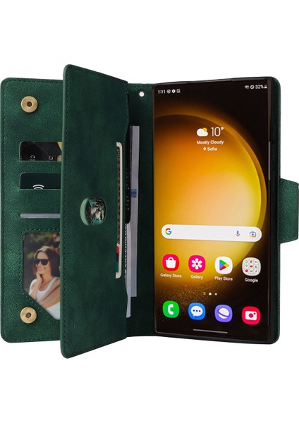 Samsung Galaxy S24 Ultra Kılıf Pu Deri Perçin Dekor Manyetik Kapatma Telefon Kapağı-Yeşil (Yurt Dışından) modelleri