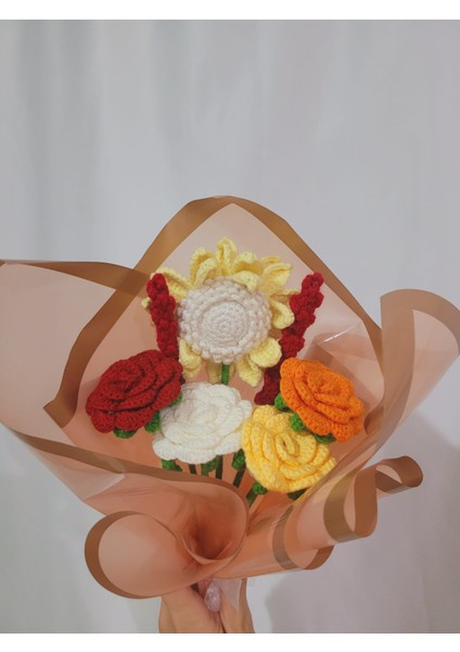 Örgü Gül- Ayçiçeği Karma Buket, Anneler Günü Sevgililer Günü Öğretmenler Günü Özel Günler Hediye Yapay Çiçek