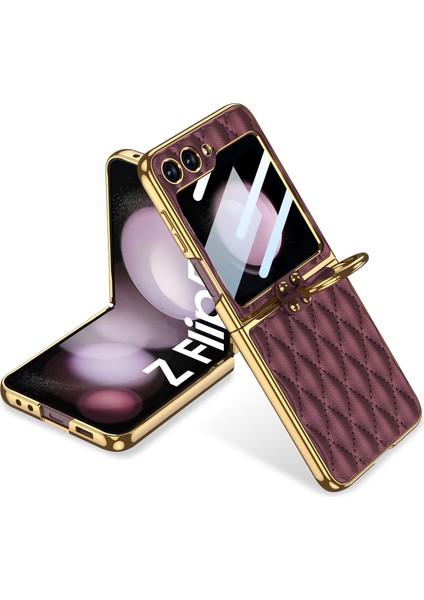 Samsung Galaxy Z Flip5 5g Eşkenar Dörtgen Desenli Sert Pc + Pu Telefon Kapağı Metal Halka Çubuğu Kılıfı Küçük Ekranlı Film-Şarap Kırmızısı (Yurt Dışından)