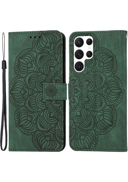 Samsung Galaxy S23 Için Ultra Pu Deri Yumuşak Tpu Folio Flip Cover Strap-Green ile Baskılı Mandala Çiçek Cüzdan Telefon Kılıfı (Yurt Dışından)