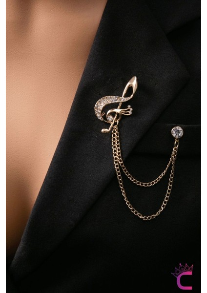 Sol Anahtarı Müzik Notalı Taşlı Zincirli Broş Gold - Hediyelik Öğretmen Ceket Yaka Iğnesi Broşu