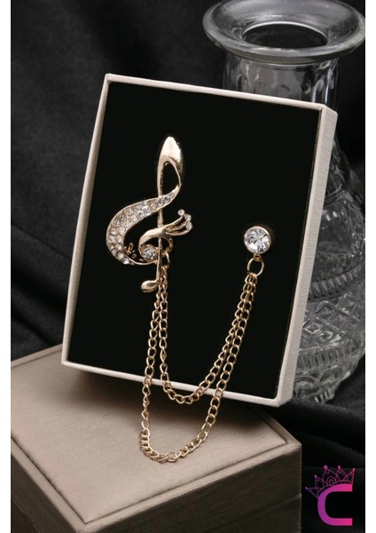 Sol Anahtarı Müzik Notalı Taşlı Zincirli Broş Gold - Hediyelik Öğretmen Ceket Yaka Iğnesi Broşu fiyatları