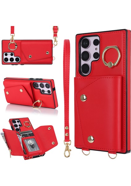 Samsung Galaxy S24 Ultra Kılıf Cüzdan Fermuar Çizilmez Pu Deri+Tpu Telefon Koruyucu-Kırmızı (Yurt Dışından)