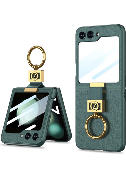 Samsung Galaxy Z Flip5 5g Ince Telefon Kapağı Için Sert Pc + Pu Küçük Ekran Filmli Metal Z Harf Kickstand Kılıf - Yeşil (Yurt Dışından)