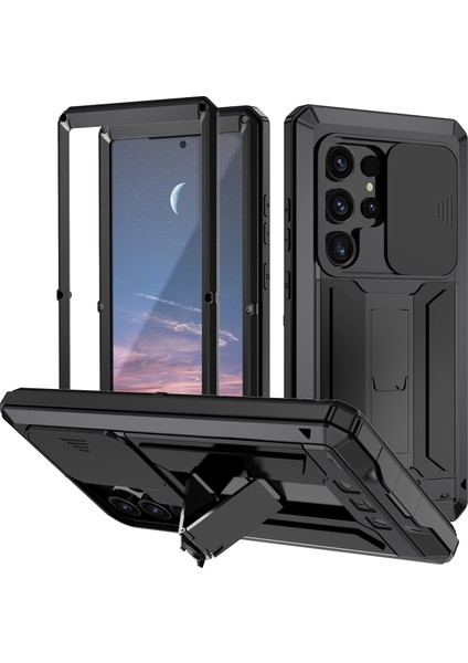 Samsung Galaxy S24 Ultra Kılıf Pc+Silikon+Metal Arka Kapak Temperli Cam Filmli-Siyah (Yurt Dışından)