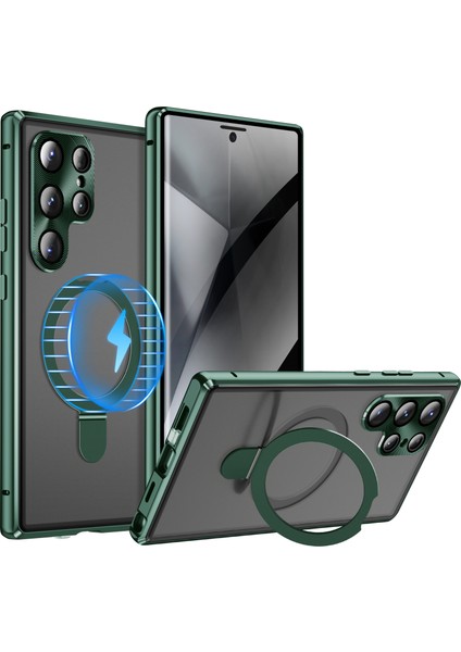 Samsung Galaxy S24 Ultra Kılıf Manyetik Kickstand Gizlilik Temperli Cam + Mat Pc Arka Telefon Kapağı-Yeşil (Yurt Dışından)