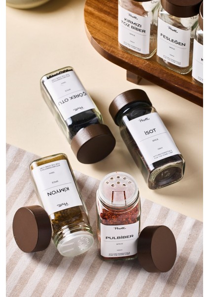 12'li 120ML Minimal Baharatlık Seti, Akasya Kapak, Siyah-Beyaz Etiketli, Hediye Fırsatı fiyatları