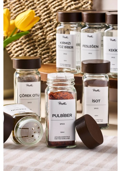 12'li 120ML Minimal Baharatlık Seti, Akasya Kapak, Siyah-Beyaz Etiketli, Hediye Fırsatı fırsatları