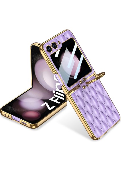 Samsung Galaxy Z Flip5 5g Eşkenar Dörtgen Desenli Sert Pc + Pu Telefon Kapağı Metal Halka Kickstand Kılıfı Küçük Ekranlı Film-Mor (Yurt Dışından)