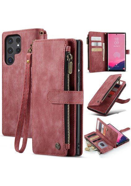 Samsung Galaxy S24 Ultra Kılıf 10 Kart Yuvaları Telefon Kapağı Fermuar Nakit Cep-Kırmızı (Yurt Dışından)