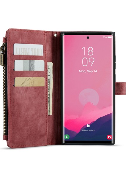 Samsung Galaxy S24 Ultra Kılıf 10 Kart Yuvaları Telefon Kapağı Fermuar Nakit Cep-Kırmızı (Yurt Dışından) modelleri