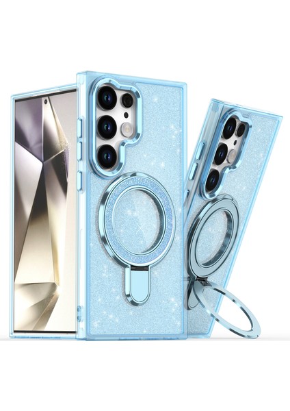 Samsung Galaxy S24 Ultra Kılıf Parıltılı Tasarım Tpu+Pc Kickstand Telefon Koruyucu-Mavi (Yurt Dışından)