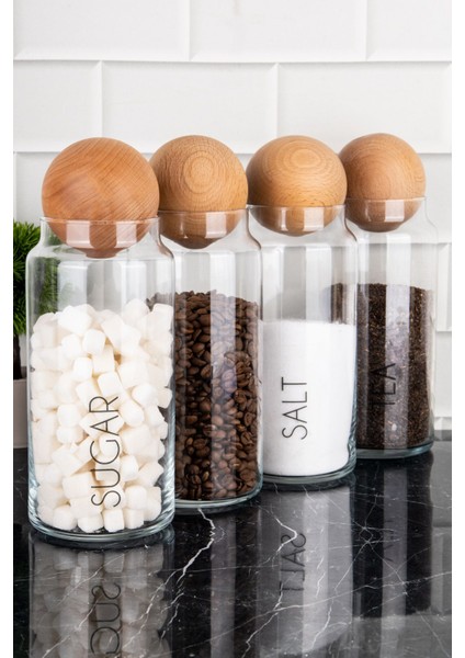 4'lü Ahşap Kapaklı Cam Saklama Kabı, 1300 Ml, Şeffaf, Etiketli, Çay, Şeker, Kahve, Tuz