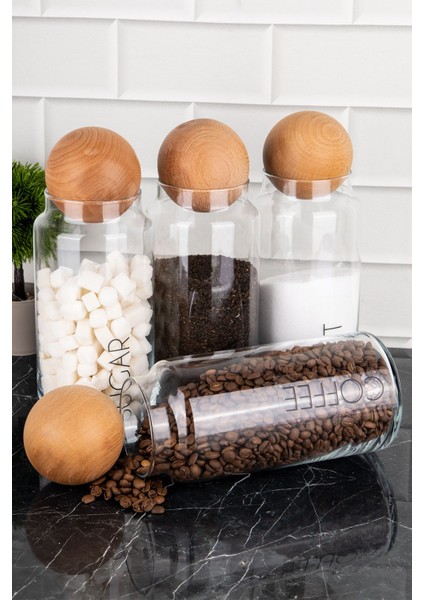 4'lü Ahşap Kapaklı Cam Saklama Kabı, 1300 Ml, Şeffaf, Etiketli, Çay, Şeker, Kahve, Tuz fiyatları