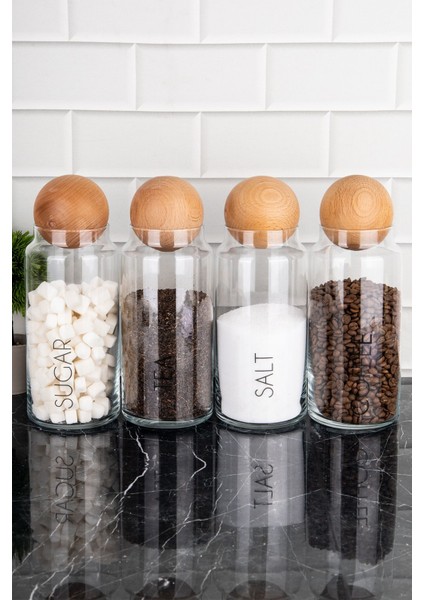 4'lü Ahşap Kapaklı Cam Saklama Kabı, 1300 Ml, Şeffaf, Etiketli, Çay, Şeker, Kahve, Tuz modelleri