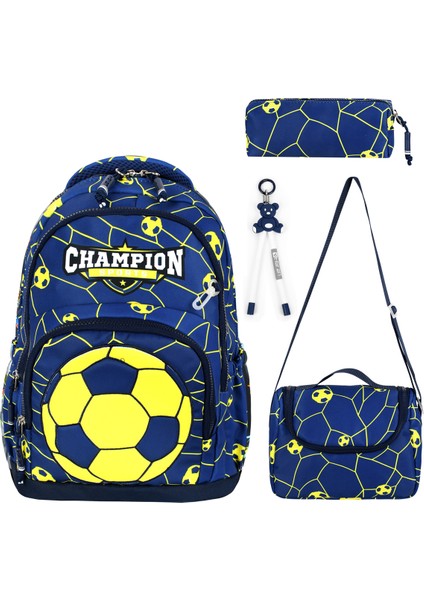 Futbol Topu Desenli Üçlü Erkek Çocuk Ilkokul Okul Çantası Seti (Çanta Termal Beslenme Kalemlik)