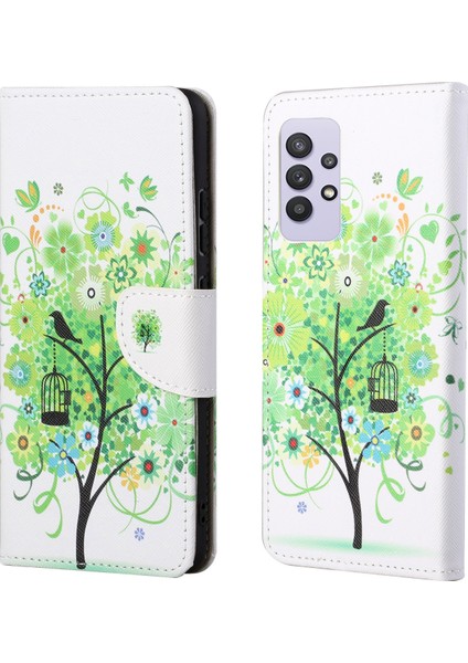 3D Desen Baskı Çapraz Doku Deri Deri Cüzdan Stand Kılıf Kılıfı Samsung Galaxy A32 4g (Avrupa Versiyonu) -Green Tree (Yurt Dışından)
