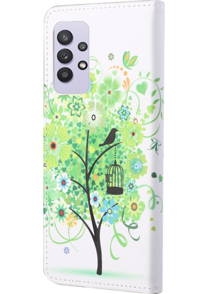 3D Desen Baskı Çapraz Doku Deri Deri Cüzdan Stand Kılıf Kılıfı Samsung Galaxy A32 4g (Avrupa Versiyonu) -Green Tree (Yurt Dışından) modelleri