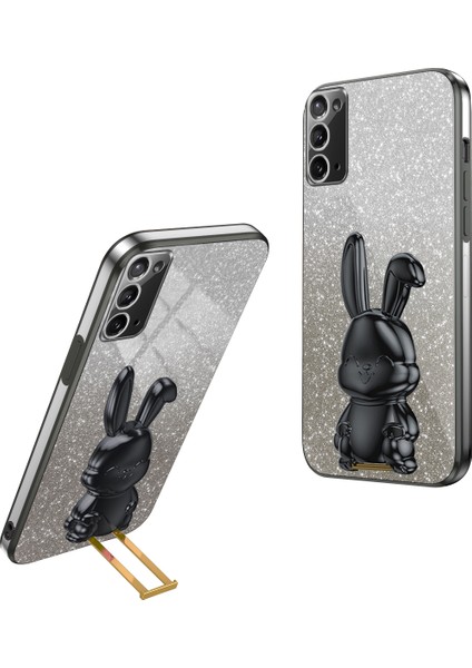 Samsung Galaxy NOTE20 5G/NOTE20 Kılıfı Için Glitter Toz Tavşan Dekor Telefon Kılıfı, Gizli Kickstand-Siyah (Yurt Dışından)