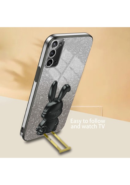 Samsung Galaxy NOTE20 5G/NOTE20 Kılıfı Için Glitter Toz Tavşan Dekor Telefon Kılıfı, Gizli Kickstand-Siyah (Yurt Dışından) modelleri