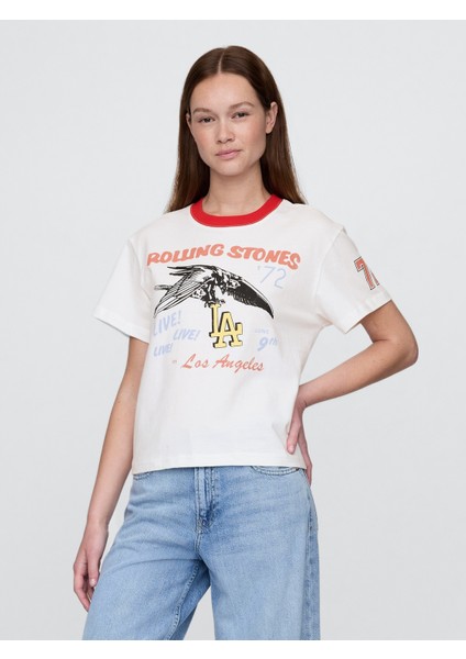Kadın Beyaz Rolling Stones Relaxed Grafik T-Shirt