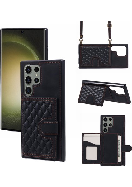 Samsung Galaxy S24 Ultra Cep Telefonu Kılıfı Uzun Askılı Eşkenar Dörtgen Baskılı Kart Tutucu Kapağı-Siyah (Yurt Dışından)
