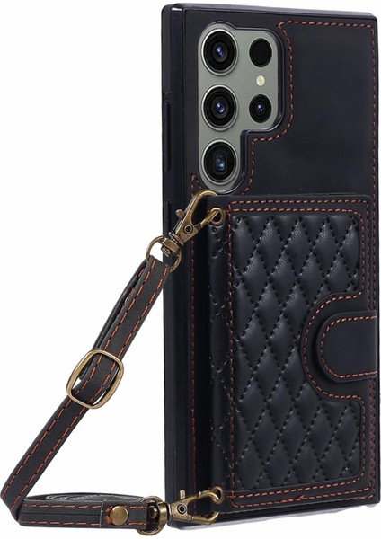 Samsung Galaxy S24 Ultra Cep Telefonu Kılıfı Uzun Askılı Eşkenar Dörtgen Baskılı Kart Tutucu Kapağı-Siyah (Yurt Dışından) indirimleri