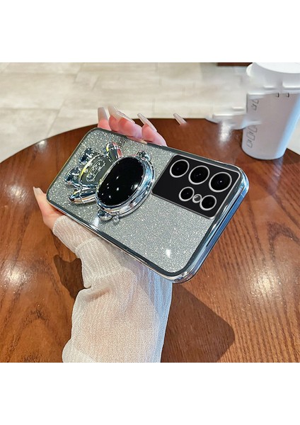 Samsung Galaxy S23 Ultra Kılıf Astronot Kickstand Galvanik Glitter Kapak-Gümüş (Yurt Dışından)