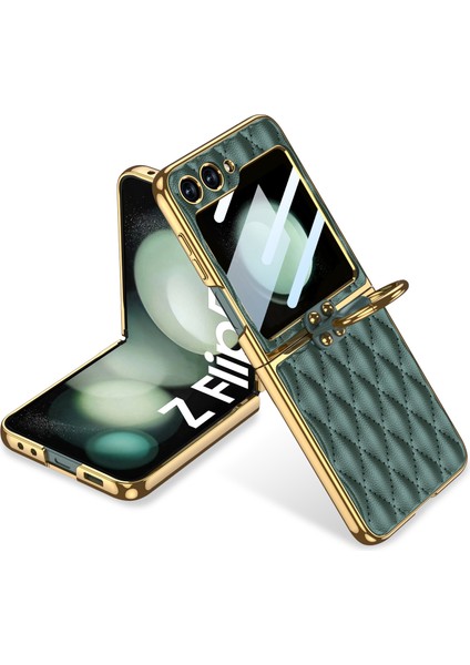 Samsung Galaxy Z Flip5 5g Eşkenar Dörtgen Desenli Sert Pc + Pu Telefon Kapağı Metal Halka Çubuğu Kılıfı Küçük Ekranlı Film-Yeşil (Yurt Dışından)
