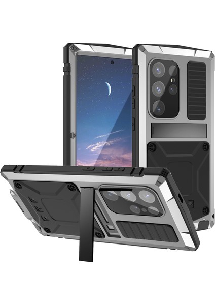 Samsung Galaxy S24 Ultra Kılıf Tpu + Metal Hibrit Kickstand Damla Korumalı Telefon Kabuk-Gümüş (Yurt Dışından)