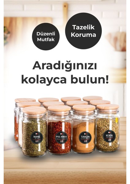 12'li Cam Baharatlık Seti, Ahşap Kapak, Mini Kaşıklı, Etiketli, 320 ml fiyatları