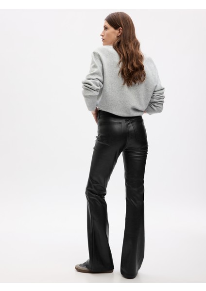 Kadın Siyah High Rise Suni Vegan Deri '70s Flare Jean Pantolon