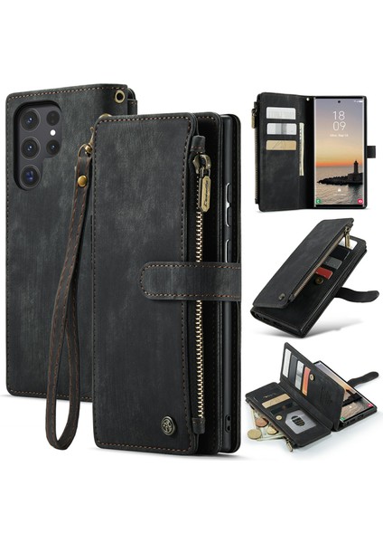 Samsung Galaxy S24 Ultra Kılıf 10 Kart Yuvaları Telefon Kapağı Fermuar Nakit Cep-Siyah (Yurt Dışından)