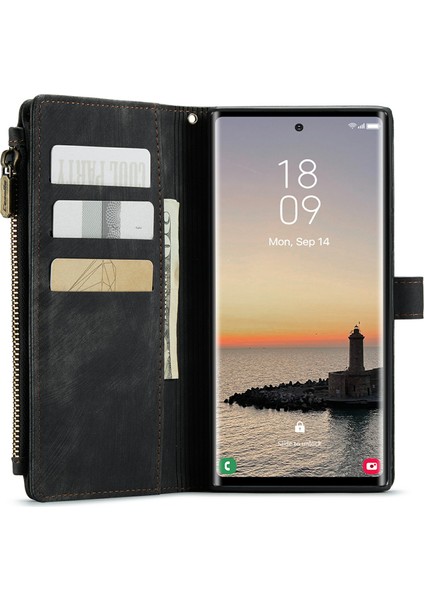 Samsung Galaxy S24 Ultra Kılıf 10 Kart Yuvaları Telefon Kapağı Fermuar Nakit Cep-Siyah (Yurt Dışından) modelleri