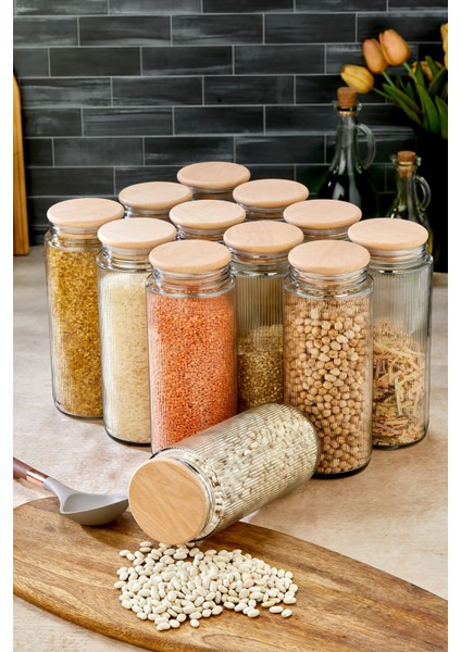 12'li Ahşap Kapaklı Cam Kavanoz Seti, 1350 Ml, Saklama ve Organize Etme