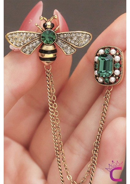 Yeşil Zümrüt Kristal Taşlı Zincirli Arı Tasarım Broş - Hediyelik Elbise Ceket Yaka Iğnesi Broş