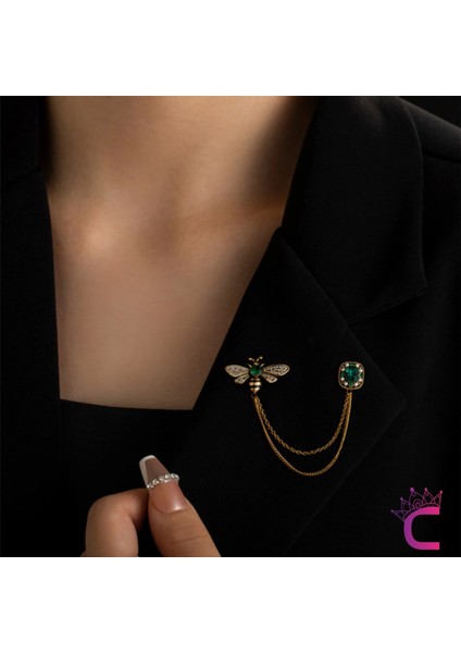 Yeşil Zümrüt Kristal Taşlı Zincirli Arı Tasarım Broş - Hediyelik Elbise Ceket Yaka Iğnesi Broş fiyatları