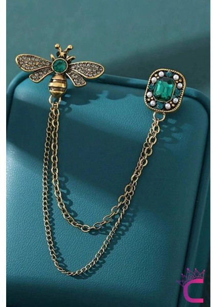Yeşil Zümrüt Kristal Taşlı Zincirli Arı Tasarım Broş - Hediyelik Elbise Ceket Yaka Iğnesi Broş fırsatları
