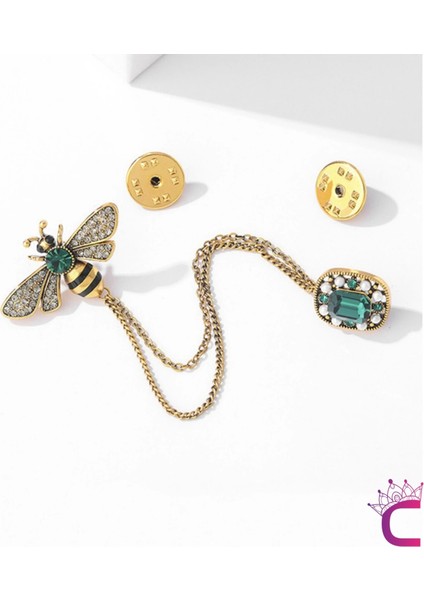 Yeşil Zümrüt Kristal Taşlı Zincirli Arı Tasarım Broş - Hediyelik Elbise Ceket Yaka Iğnesi Broş indirimleri