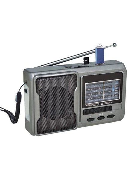 Küçük Taşınabilir Radyo, Bluetooth, LED Işık, Usb, Micro Sd, Şarjlı, Gri